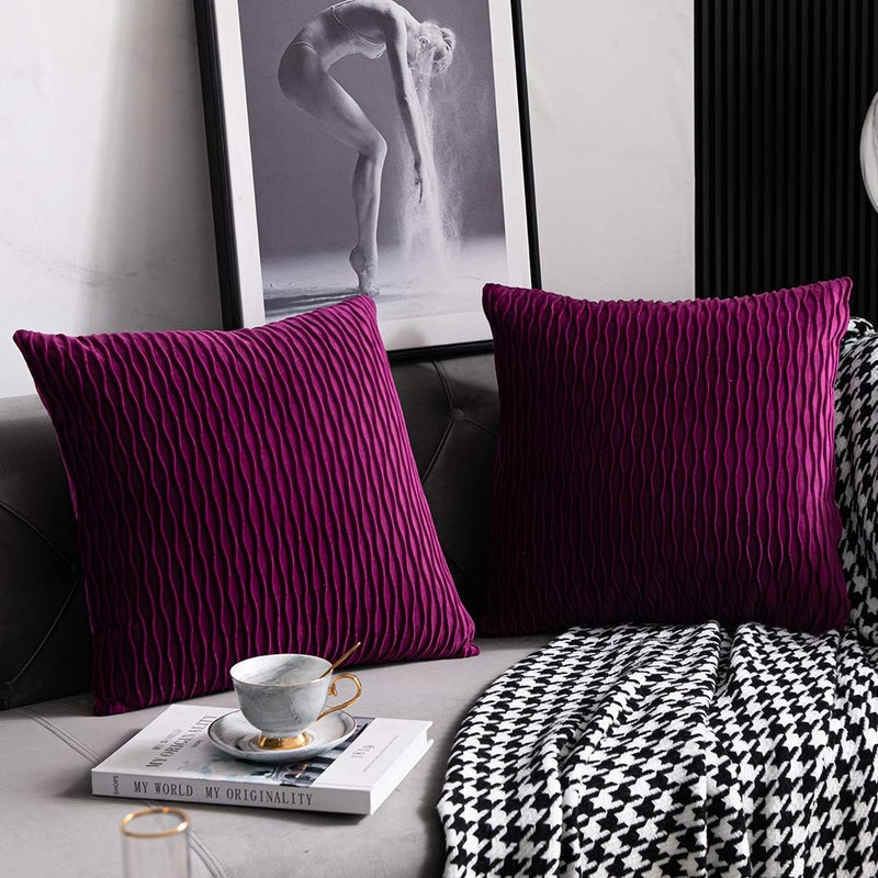 DEZENE 20x20 Purple Throw Pillow Cases: 2 Pack Original Striped Velvet Square Decorative Pillow Covers for Farmhouse Couch - Image 2